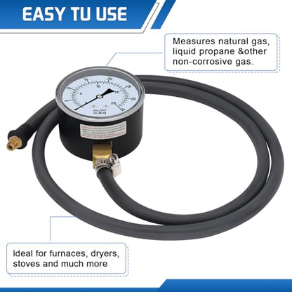 Boltigen Gas Pressure Tester Kit, 0-35" W.C Manometer for Natural Gas & Propane, HVAC Furnace Fireplace Gas or LP Valve Manifold Pressure Test Kit with 1/8" NPT, 1/4" NPT Barb Adapter and 40" Hose