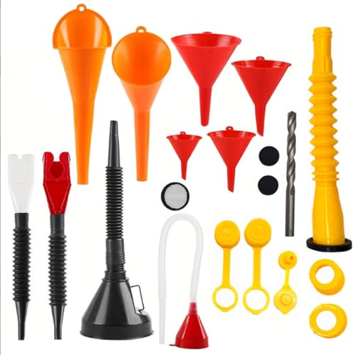 19-Piece Automotive Funnel Set with Fuel Can Spout Replacement – Long Neck Oil Funnel & Plastic Fuel Funnel for Transferring Fuel, Oil, Coolant, Motor Oil, Water