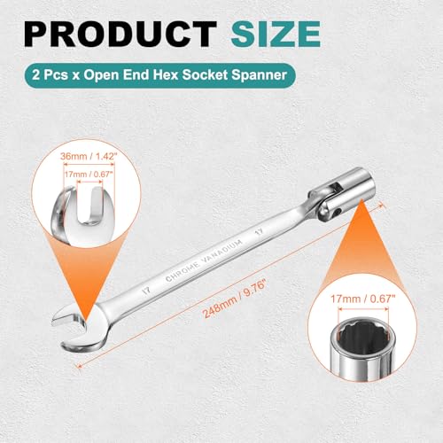 HARFINGTON 2 Pcs 17mm Swivel Head Socket Combination Spanner Wrench CR-V Steel Rotary Torx Socket Head Open End Wrenches Spanner Mirror Polishing for Auto Car Repairing - size: 17mm