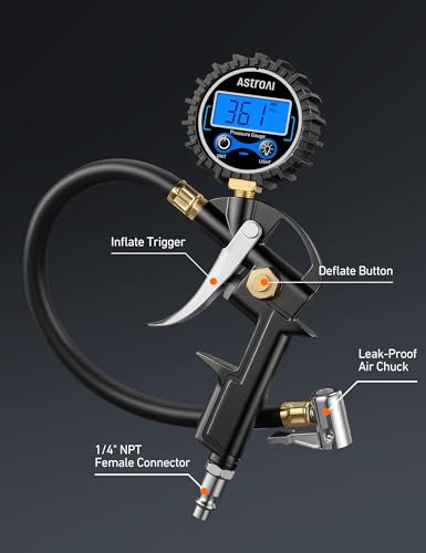 AstroAI Digital Tire Pressure Gauge with Inflator, 3-250PSI Air Compressor Accessories with Heavy Duty Air Chuck Quick Connect Coupler, Fits 1/4" NPT – for Car Truck SUV RV, 1 Pack Compact - size: 1 Pack Compact, style: without case