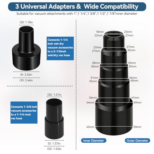 SEVNX Universal Vacuum Attachments Kits for Shop Vac, 2 1/2" to 1 1/4" Vacuum Adapter, 1 7/8" to 1" Hose Adapter Dust Brush Flexible Crevice Extension Wand Tool for Shop Vac Accessories(14 PCS)