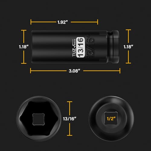 1/2 Inch Drive 13/16 Inch Deep SAE 6 Point CR-MO Impact Socket | Radius Corner Design,Square Chamfered Opening,Axle Nut Impact Grade Socket for Easy Removal - size: 1/2” Drive 13/16 Deep, style: 1/2" Drive Deep Socket