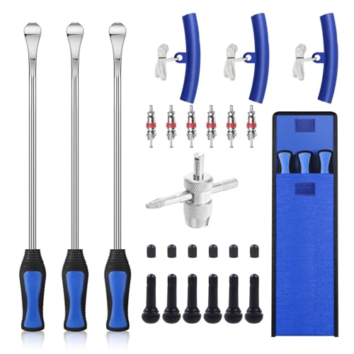 HTOMT 14.5" Tire Spoon Kit, 26pcs Tire Changing Tool for Motorcycle Dirt Bike Lawn Tractor Bicycle, Motorcycle Tire Changer Tire Removal Tool with 3pcs Rim Covers 6pcs Valve Tool Valve Cores (Blue) - color: 14.5" Blue