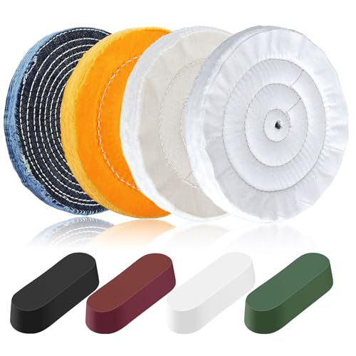 8PCS 8 Inch Buffing & Polishing Wheel Kit for Bench Grinder, 1/2" Arbor Hole, Denim/Yellow/White/Flannel Polishing Wheels with 4 Buffing Compound Set,Polishing Rouge Bars - style: 8pcs-8inch