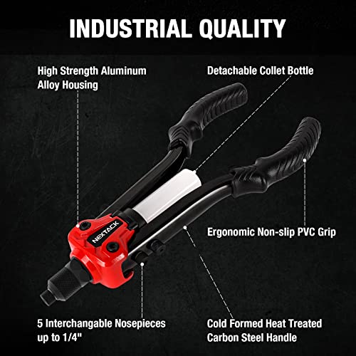 NEXTACK Rivet Gun Kit with 350 Blind Rivets, Heavy Duty Two-Handed 1/4” Pop Rivet Gun Set (NT300), 5 Nosepieces, Built-in Shaft Catcher for Van, Gutter & Automotive - size: 1/4 Rivet Gun w/ 350 Rivets