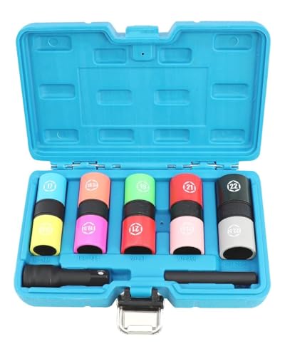 DPTOOL Half Size Lug Nut Socket Set 1/2” Drive Impact Flip Socket Set | Metric 6 Point Non-Marring Thin Wall Double Ended Wheel Lug Nut Socket for Removal of Swollen, Dented and Deformed Lug Nuts - size: 17, 17.5, 18.5, 19, 19.5, 21, 21.5, 22, 22.5 mm