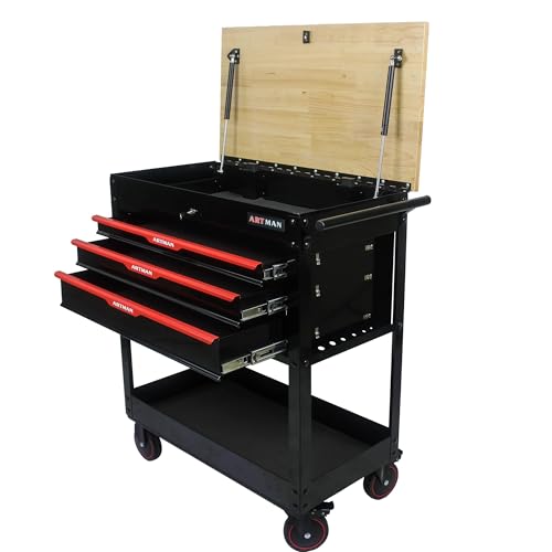 3-Drawer Rolling Tool Cart with Wood Lift-Up Top, Heavy Duty Lockable Mechanic Tool Chest with Wheels, Multifunctional Tool Storage Cabinet for Garage Warehouse Repair Shop (Black&Red) - color: Wood Lift-up Top - Black&red