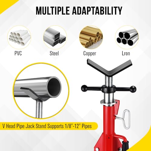 V Head Pipe Jack Stand, Heavy Duty Pipe Stand, 2500LB Jack Stands Carbon Steel with Portable Folding Legs 28-52 Inch Height Adjustable 1/8"-12" Capacity - color: Red