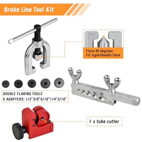 MuHize 25FT 3/16 Inch Brake Line Flaring Tool Kit | Zinc Coated Alloy Brake Line with 16 Fittings & 4 Unions, Includes Double & Single Flaring Tool and Tube Cutter - size: Sliver Brake Line Tool Kit