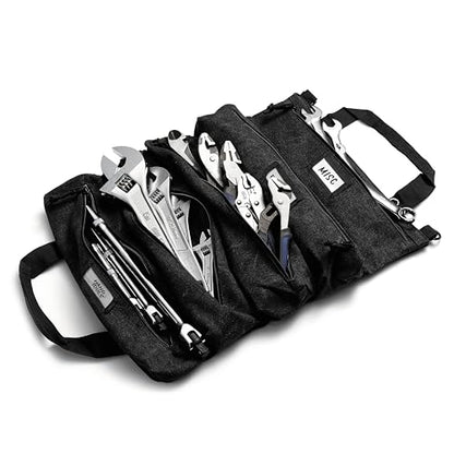 Official Voyager Tool Roll Bag, 5-Pocket 20 x 15 in, Black, Made in USA | Easy to Carry Roll Up Tool Bag, 20oz Canvas, Rust-Proof YKK Zippers, Secure Buckle, Durable Gift for Electricians, Mechanics - color: Black, size: Voyager - Extra Large (20 x 15 in)
