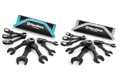 DURATECH Stubby Flex-head Ratcheting Combination Wrench Set, 16-piece, Metric & SAE, 9 to 17mm & 5/16" to 3/4", CR-V Steel, Black Electrophoretic Coating, with Rolling Pouch