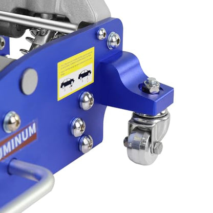 Hydraulic Low Profile Aluminum and Steel Racing Floor Jack with Dual Piston Quick Lift Pump and Dual Side Handles, 2.5 Ton (5,000 Lb) Capacity Lifting Range Between 3.74" to 18.7", Blue