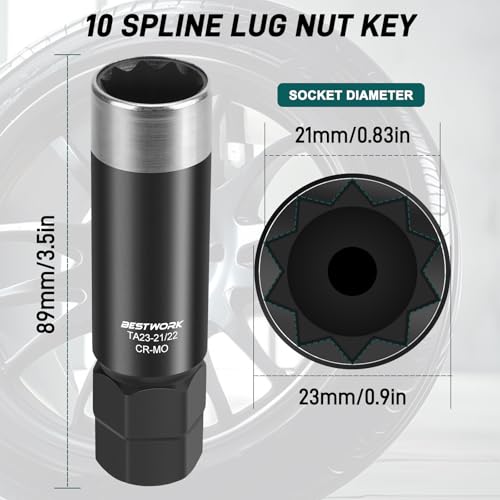 10 Spline Lug Nut Key, for TA23-21/22 10 Point Lug Nut Socket | Compatible with Bimecc 10 Spline Lug Nut Socket, Double Layer Reinforcement, Dual Hex Drive, CR-MO Steel - size: TA23-21/22