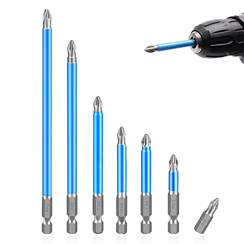 Magnetic Screwdriver Bit Set 7pcs Anti Slip Screwdriver Bits Set 1/4 Inch Hex Shank S2 Steel Phillips Cross Slot PH2 Screwdriver Bits Mixed Length(25MM/50MM/65MM/70MM/90MM/127MM/150MM) - color: Ph2-mixed Length(7 Pcs)