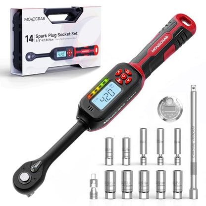 14-Piece 3/8" Digital Torque Wrench Spark Plug Socket Set | 4.2-85 N.m (3-62.6 Ft.lb) with Magnetic Swivel Sockets, LED & Buzzer Alerts, CR-V Steel for Automotive Engine Maintenance - size: 3/8" 14pcs-Spark 4.2-85N.m/3-62.6Ft.lb