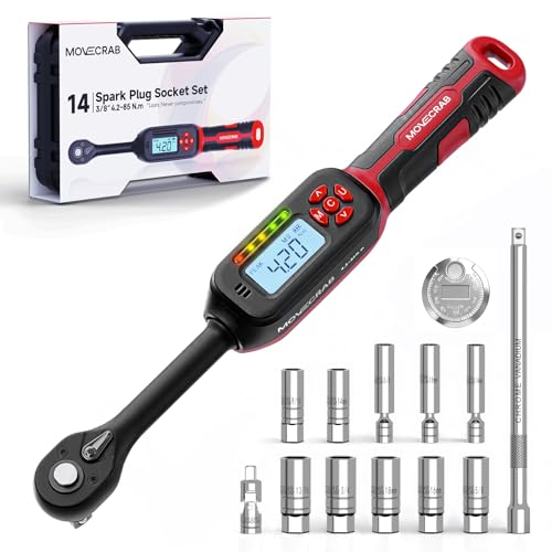 14-Piece 3/8" Digital Torque Wrench Spark Plug Socket Set | 4.2-85 N.m (3-62.6 Ft.lb) with Magnetic Swivel Sockets, LED & Buzzer Alerts, CR-V Steel for Automotive Engine Maintenance - size: 3/8" 14pcs-Spark 4.2-85N.m/3-62.6Ft.lb