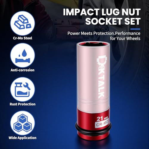 1/2" Drive 21mm Wheel Lug Nut Impact Socket,Color-Coded Non-Marring Deep Thin Wall Socket with Removable Protect Sleeve, 6 Point, Cr-Mo Steel - color: 21mm