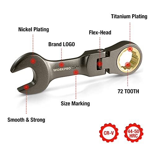 WORKPRO 8 Piece Flex Head Stubby Ratcheting Combination Wrench Set, SAE 5/16-3/4 in, 72-Teeth, CRV, Nickel Plating with Rolling Pouch - size: SAE, style: Nickel-plated