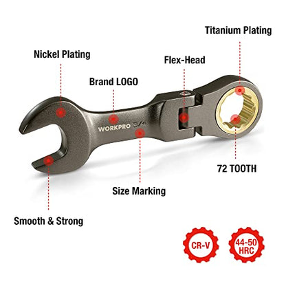WORKPRO 8 Piece Flex Head Stubby Ratcheting Combination Wrench Set, SAE 5/16-3/4 in, 72-Teeth, CRV, Nickel Plating with Rolling Pouch - size: SAE, style: Nickel-plated