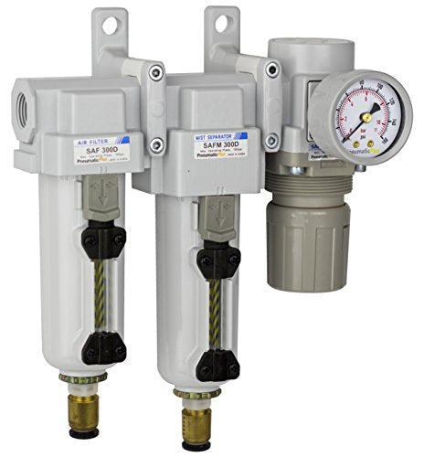 PneumaticPlus SAU330-N03DG-MEP Three Stage Compressed Air Drying System - Particulate Air Filter, Coalescing Filter, Air Pressure Regulator Combo 3/8" NPT - Metal Bowl, Auto Drain, Gauge - style: Metal Bowl - Auto Drain