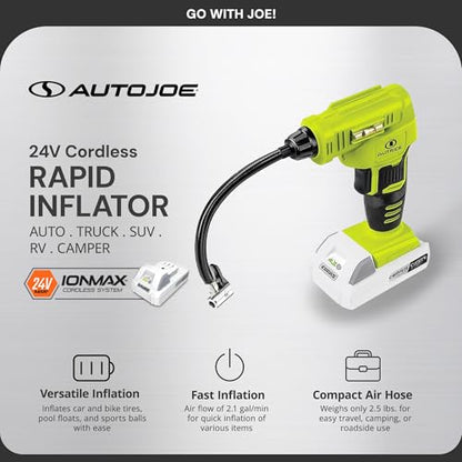 Auto Joe 24V-AJC-MAX 24V IONMAX Cordless Rapid Air Inflator, Portable Air Compressor, Includes 1.3Ah Battery, Charger, Air Chuck, Tapered Adapter, Presta Valve Adapter, and Ball Needle