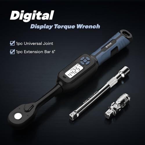 3/8 Torque Wrench Digital (2.21-44.25 Ft. Lb) ±2% High accuracy Digital Torque Wrench 3/8 Drive Ratchet with Buzzer&LED Indicator Track Mode/Universal Joint&6" Xtension Bar for Bike Moto Auto