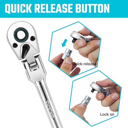 DURATECH 1/4" Drive Flex-Head Ratchet | 72-Tooth Ratchet Wrench, Quick-release, Reversible Switch, Full-Polished Chrome Plating, Alloy Steel - size: 1/4" Drive
