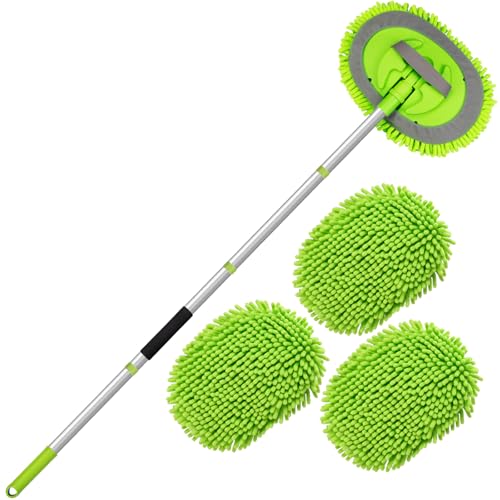 Car Wash Brush with Long Handle - 62" Car Wash Kit with Chenille Microfiber Cleaning Brush, Car Washing Mop with 3 Replacement Mitts, Scratch-Free Scrub Washer Wand for Vehicles, RV, Truck Green - color: Green