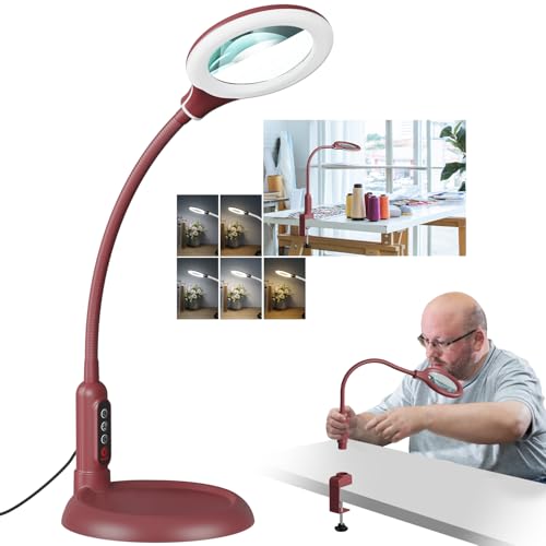12X Magnifying Glass with Light and Stand, Real Glass, LED 5 Color Modes, Brightness Stepless Dimming Lighted Magnifier Hands Free, Flexible Gooseneck Desk Lamp with Clamp for Close Work, Craft, Red - color: Red