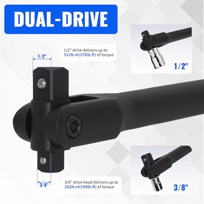 1/2 Breaker Bar 24 inch 1/2" & 3/8" Dual Drive 360 Rotatable Head | 24 inch 1/2 Breaker Bar 1/2" & 3/8"Dual Drive 600Nm Torque 360 Rotatable Head