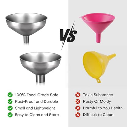 Serinar 2-Piece Stainless Steel Kitchen Funnel Set with 1-Inch and 0.5-Inch Ports for Transferring and Filling Liquids, Coffee Beans, Spice Blends, and Powders Easy to Clean!