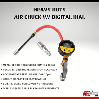 ATE Pro. Tools - 15pc Air Compressor Accessory Kit, 1/4 inch x 25 ft Recoil Poly Air Hose, 230 PSI Tire Inflator Digital Gauge, 1/4" NPT Quick Connect Air Fittings, Blow Gun, Dual Tire Chuck