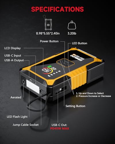 GOOLOO A5 Jump Starter with Air Compressor, 4000A Car Battery Booster | 4-in-1: 4000A Portable Car Jump Starter - 160 PSI Auto-Off Inflator - 45W USB-C Output with Built-In Cable - LED Flashlight - color: Yellow