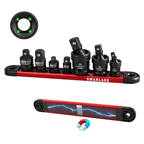 SWANLAKE GARDEN TOOLS 7-Piece Impact Swivel Socket Adapter Set, 1/4" 3/8" 1/2" Drive Universal Joint Socket Set CR-MO Steel, Wobble Joint Sockets Reducer with Magnetic Aluminum Sockets Rail - style: 7-Piece Socket Adapter