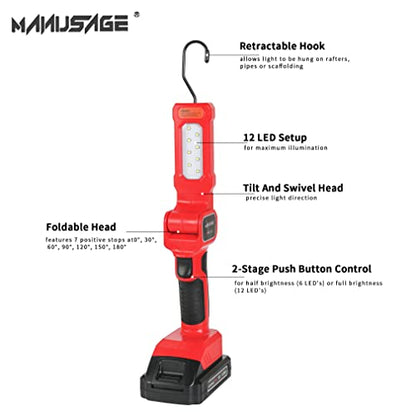 MANUSAGE 3/8"(10mm) 20V Cordless Electric Ratchet Wrench, 44.25 Ft-lbs, 380RPM, with 2 x 2.0A Rechargeable Lithium Ion Batteries, Charger and 20V Lithium-Ion LED Work Light