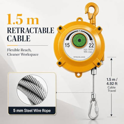 Spring Balancer 33-49 lbs(15-22kg) Adjustable Tool Holder, 1.5m Wire Rope, Heavy-Duty Steel, Safety Lock Hook for Workshop, Garage & Assembly Line