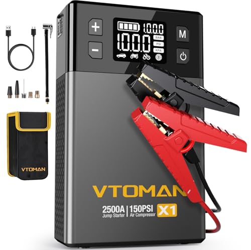 VTOMAN X1 Jump Starter with Air Compressor, Car Battery Jumper Starter (2500A, Up to 8.5L Gas/6L Diesel Engine) with 150PSI Auto Tire Inflator, 12V Portable Booster Pack, Lithium Jump Box Charger-Gray - color: 2500A-Grey