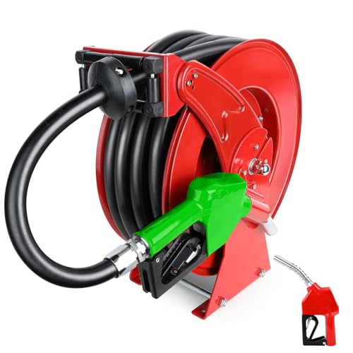 3/4” x 50ft Fuel Hose Reel Retractable with Fuel Nozzle, 3/4 Inch Diesel Fuel Transfer Hose, Auto Swivel Rewind, Max 300 PSI Tank Pump Hose, Easy Use for Farms Boat Truck Bed Trailer Cart - color: Red, size: 3/4" x 50ft