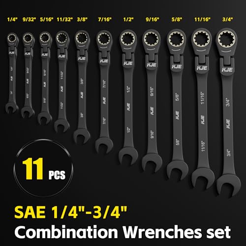 KJE 90-Teeth SAE 180° Flex-Head Ratcheting Wrench Set, Cr-V Steel, 11-Piece SAE 1/4"-3/4" Combination Wrenches set, Nickel Plating, with Organizer Bag, for Auto, Machine Repair, Gift - size: 11PCS SAE 1/4 - 3/4 INCH