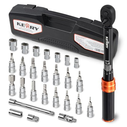 Kerry 1/4 Inch Drive Click 27 PCS Bike Torque Wrench Set, 20-240 LB.IN/2.3-27.1 Nm, Double Scale with Accessories Bit Sockets, 3/8 Adapter Extension Bar Universal Joint Tool for Bicycle Maintenance - size: 27pcs 1.67-20 FT.LB, style: 1/4"