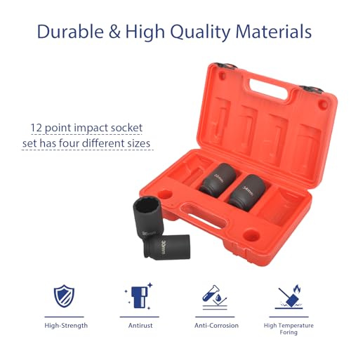1/2" Drive 12-Point Metric Deep Spindle Axle Nut Socket Set, 4PC | Premium Cr-Mo Steel, 12-Point Extra-Deep Design, High-Contrast Laser Markings, Storage Case Included, Metric 4PC Set - color: 4pcs