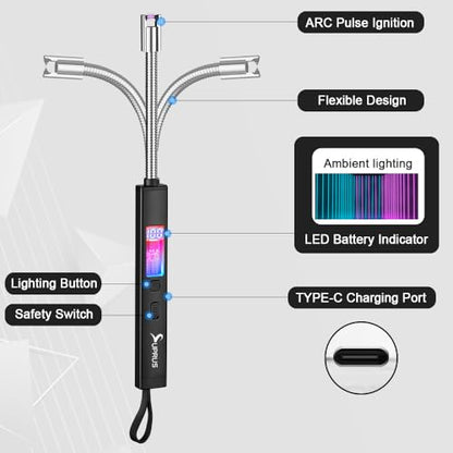 SUPRUS Electric Candle Lighter USB-C Rechargeable with Digital Battery Display Ambient Lighting Safety Switch 360° Flexible Neck Flameless Plasma Windproof Perfect for Candle BBQ Camping (Blue) - color: Blue