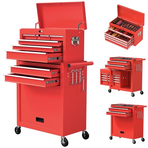8-Drawer Rolling Tool Chest, High Capacity Removable Tool Storage Cabinet, Detachable Toolbox with Lock for Garage Warehouse and Tool Room (Red) - color: Red, size: 8-Drawer