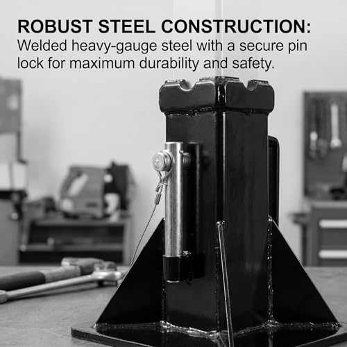 Heavy Duty Pin Type Jack Stands, Steel, Black, 73 lbs, 10 x 10 x 12 Inches, Spray Painted, 22 Ton (44,000 lbs) Capacity, 1 Pair