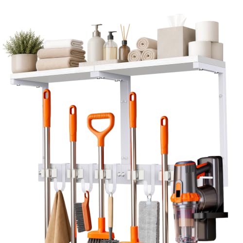 Large Broom Holder Wall Mount with Shelf, Vacuum Organizer, 5 Slots 5 Hooks | White, 3-In-1 Wall Mount Stores Brooms/Mops/Vacuum, Cleaning Supplies With 5 Grippers/5 Hooks And A Sturdy Wooden Top Shelf - color: White, size: Large