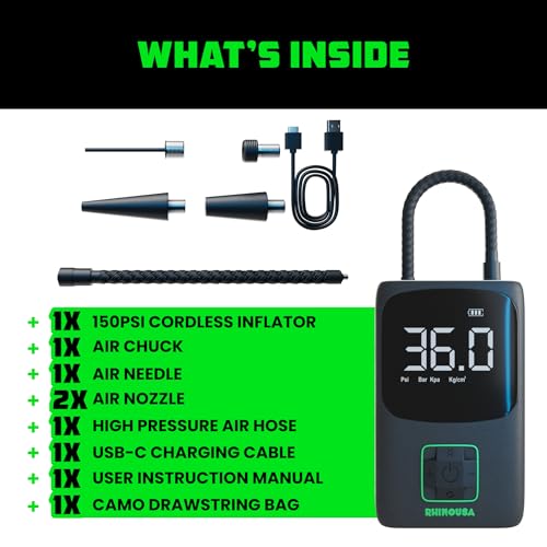 Rhino USA Tire Inflator Portable Air Compressor (150 PSI) Upgraded Air Pump for Car Tires with Digital Pressure Gauge - Best Mini Air Pump for Bike Tires with Dual LCD Screen (Black & Green)