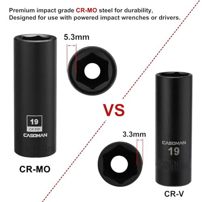 CASOMAN 2PCS 1/2-Inch Drive Deep Impact Socket-19mm, 6-Point, Metric, CR-MO - size: 19 mm, style: 6-Point Socket