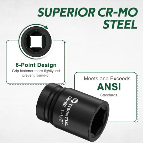 1-1/2" Impact Socket 1" Drive, 6 Point Design CR-MO ANSI Certified | Heavy Duty Socket 1 Inch Drive for Truck Wheel Hub Trailer Construction & Industrial Equipment - size: 1-1/2"(1 PCS)