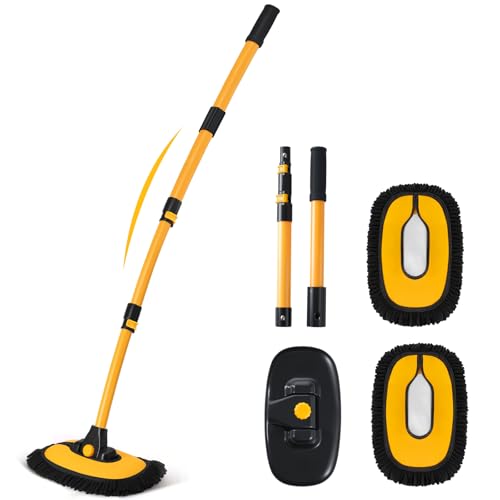 Ordenado 57" Car Wash Brush with Long Handle, 15°Curved Chenille Microfiber Car Wash kit with Extension Pole & Replacement Head, RV Car Cleaning Washer, Scratch-Free Mop for Truck, SUV, Boat - color: Black and Yellow-2