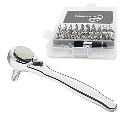 STREBITO Right Angle Screwdriver 32-Piece 1/4 Inch Mini Ratchet Set Low Profile Offset Bit Set with 72-Tooth Ratcheting Wrench Stubby Ratchet 90 Degree Screwdriver for Small Spaces - color: 32 in 1